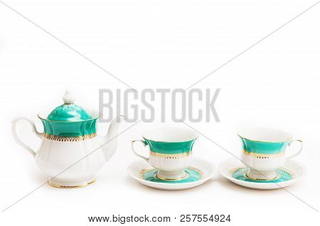 Set Of Dishes On White Background. Cups And Kettle. Indian Set.