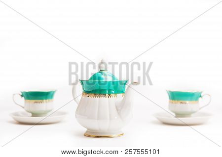 Set Of Dishes On White Background. Cups And Kettle. Indian Set.