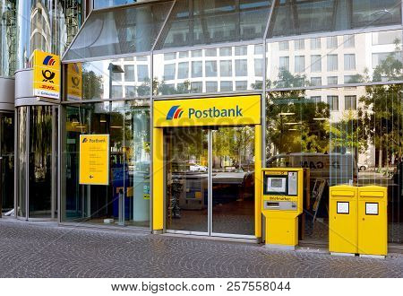 Frankfurt/main, Germany - September 09, 2018: Postbank Office Entrance With Cash Machine And Letter 