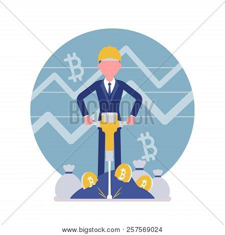 Bitcoin Minig Man Business. Young Businessman With Jackhammer Creating, Discovering Bitcoin Currency