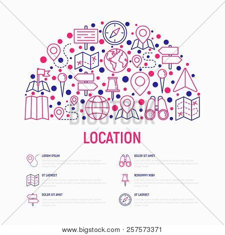 Location Concept In Half Circle With Thin Line Icons: Pin, Pointer, Direction, Route, Compass, Wall 