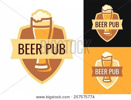 Vector Blazon Of Beer Pub Isolated On White And Black Backgrounds. Stylish Coat Of Arms In Shape Of 