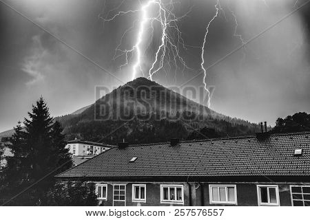 Thuderstorm. Lightning In The City Ruzomberok, Slovakia. Black And White Photography