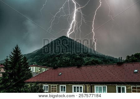 Thuderstorm. Lightning And Dark Clouds. Colorful Sky