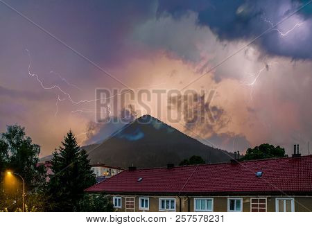 Thuderstorm. Lightning In The City Ruzomberok, Slovakia.