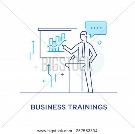 Business Coach At The Blackboard. Vector Eps 10. Training Business School. Cartoon Character - Cute 