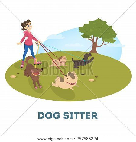 Female Dog Sitter Walking With Cute Pets