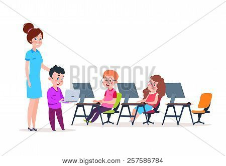 Kids In Computer Lab. School Children Coding At Computers. Cartoon Boys And Girs Learning New Techno