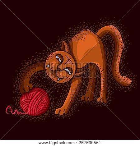 Cute Cartoon Doodle Red Cat Vector Illustration, Nice Pet Playing With Thread Ball.