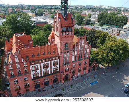 SLUPSK, POLAND - 16 AUGUST 2018 - Aerial view on Slupsk city center with historical Town Hall building