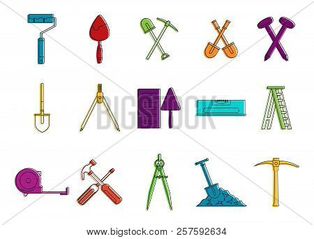 Construction Tool Icon Set. Color Outline Set Of Construction Tool Icons For Web Design Isolated On 