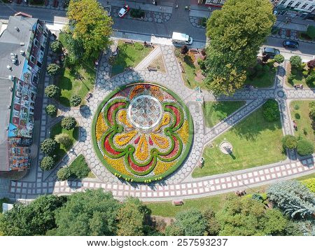 SLUPSK, POLAND - 16 AUGUST 2018 - Aerial view on Slupsk city center with round flower decoration