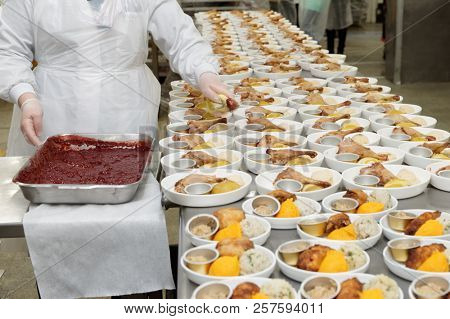 Chef is portioning inflight food, adding berry sauce to the dishes, real kitchen