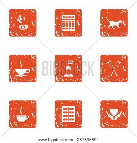 Post War Assistance Icons Set. Grunge Set Of 9 Post War Assistance Icons For Web Isolated On White B