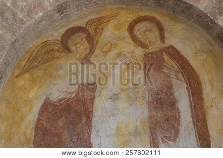 Gourdon, France - August 3, 2018: Interior With Fresco Of The Romanesque Church In Gourdon, Saone-et