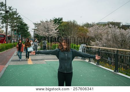 Young Asian Woman In Blooming Cherry Blossoms Or Sakura Garden With Happiness In Seoul City South Ko