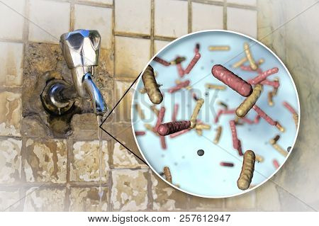 Safety Of Drinking Water Concept, 3d Illustration Showing Bacteria Contaminated Drinking Water