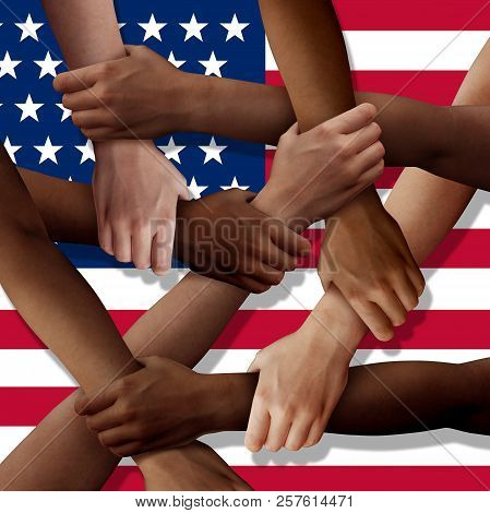 American Diversity Teamwork As A Group Of Diverse United States People Holding Arms As A Multiracial