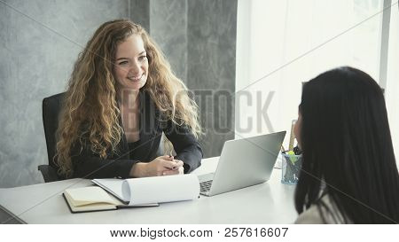 Young Business Woman Applicant And Human Resources His Conversation Recruitment Procedure In Corpora