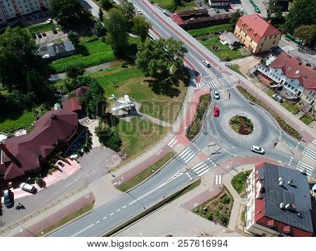Miastko, Poland - 05 August 2018 - Aerial View On Miastko City With Mig-17 Airplane, River Studnica 