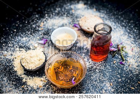 Close Up Of Oats Face Pack I.e. Rose Water,oats,gram Flour And Honey On Wooden Surface Used In Spa F