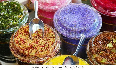 Bath Salts Soaks Closeup Bathsalt In Various Scents In Jars At Shop Store .