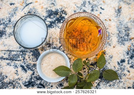 Close Up Of Oats Face Pack Or Avena Sativa Facial Mask I.e  Crushed Or Powdered Almonds Or Badam,mil