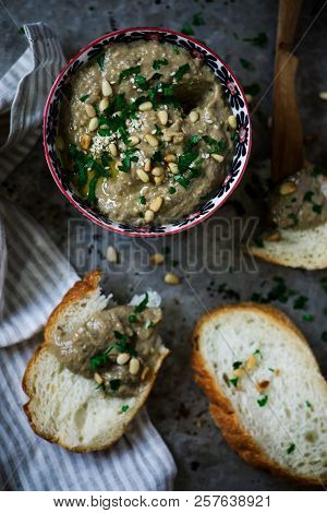 Eggplant, Tahina And Miso Dip.. Style Rustic. Selective Focus