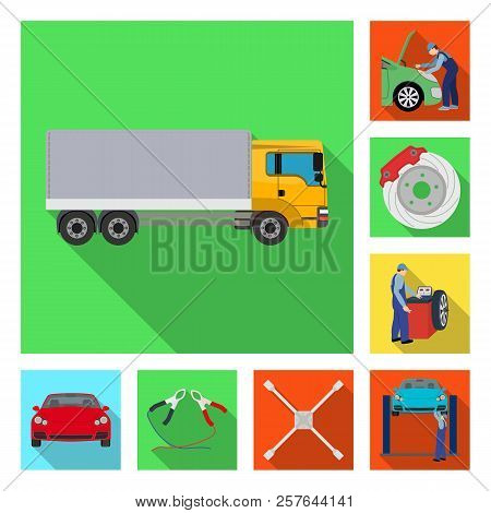 Car, Lift, Pump And Other Equipment Flat Icons In Set Collection For Design. Car Maintenance Station