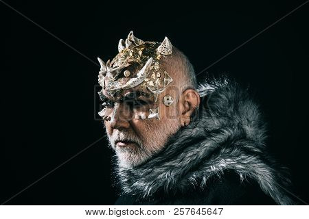 Mythical King Of Permafrost Realm In Fur Collar Isolated On Black Background. Magical Beast With Gol