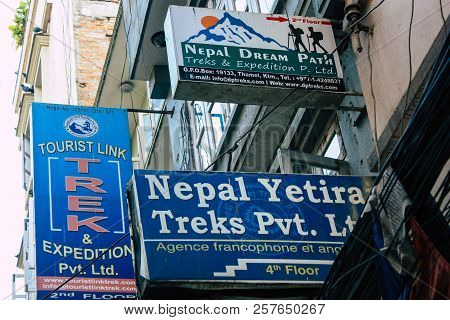 Kathmandu Nepal September 5, 2018 Closeup Of Advertising Signs For Commercial Establishments Located