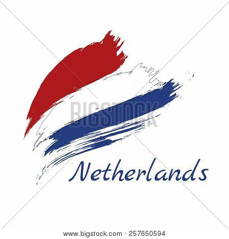 Flag Of Netherlands In Rounded Grunge Brush Stroke. Vector Illustration.