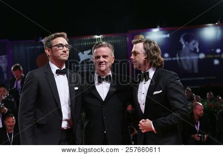 Jason Sudeikis, Lee Pace and Nick Hamm walk the red carpet ahead of the 'Driven' Premiere And Closing Night during the 75th Venice Film Festival at Sala Grande on September 8, 2018 in Venice, Italy.