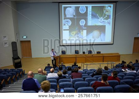 MOSCOW, RUSSIA - FEB 2, 2018: Auditorium with participants Surgical Treatment of Epilepsy conference listening to speaker in Russian Children Clinical Hospital.