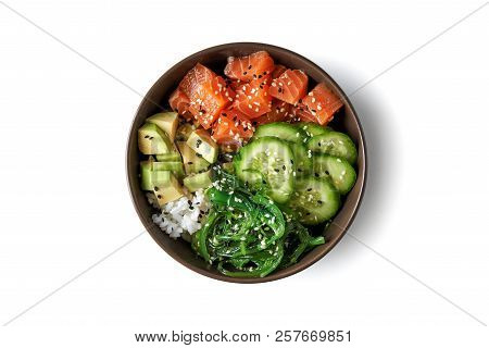 Poke Bowl With Salmon Islated On White Background. Top View