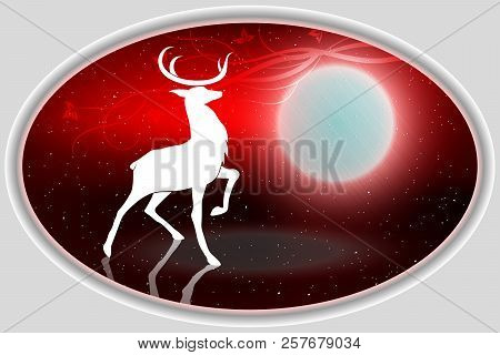 Christmas Oval Composition With A Magnificent Deer With A Raised Paw.