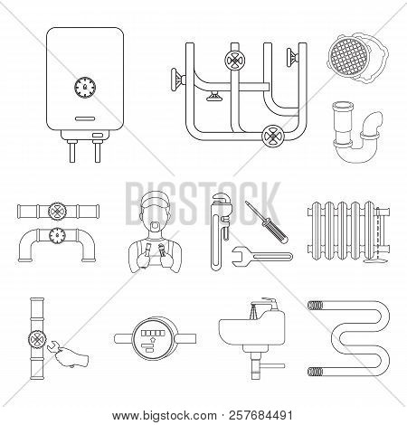 Plumbing, Fitting Outline Icons In Set Collection For Design. Equipment And Tools Vector Symbol Stoc