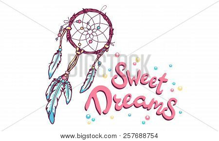 Dreamcatcher With Colorful Vibrant Feathers On Background, Card Or Poster Ethnic Art