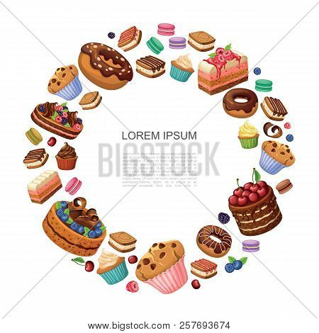 Cartoon Desserts Round Concept With Donuts Pie Pieces Macaroons Cupcakes Muffins Cakes With Raspberr