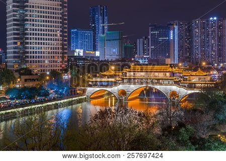 Chengdu, Sichuan Province, China - March 17, 2018: Anshun Bridge And Jinjiang River Aerial View At N