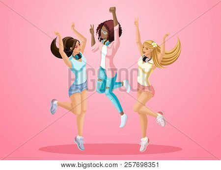 Isometrics Of Girls Jump, They Are Happy, Young Teenagers, Generation Z, Hair Develop. Summer Spring