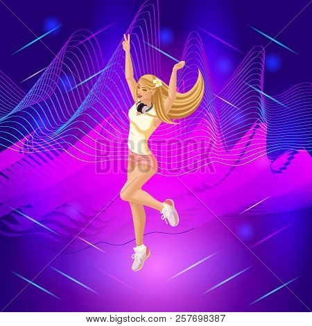 Isometric Girl On The Background Of Musical Waves, Young Girl, Teenager, Generation Z, Bright Fashio