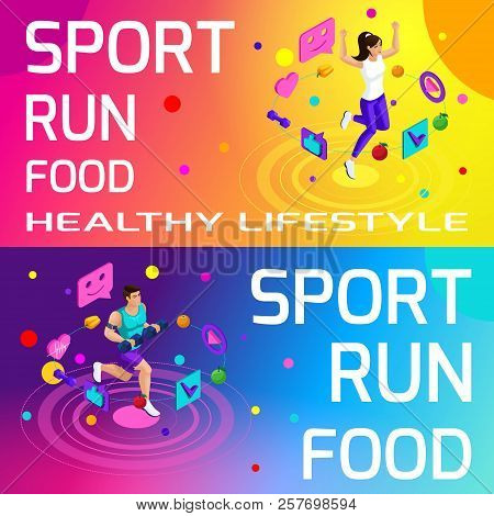 Isometry Bright Colorful Banners On The Theme Of Sport, Healthy Eating, Healthy Lifestyle. Running, 