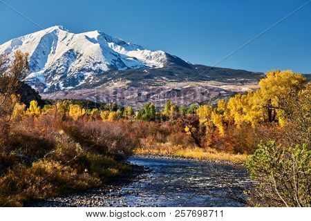 Mount Sopris autumn landscape in Colorado Rocky Mountains, USA. 