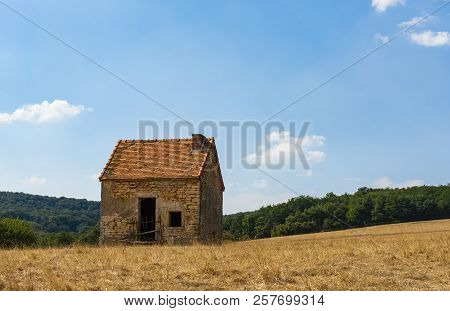 Lonely, Old Shed On A Corn Field In The Morvan, France.