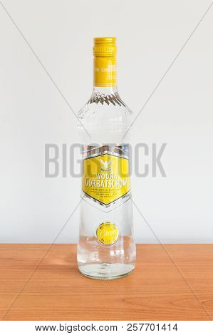 Pruszcz Gdanski, Poland - August 19, 2018: Bottle Of Lemon Wodka Gorbatschow, Brand Of German Vodka 