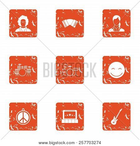 Hippy Band Icons Set. Grunge Set Of 9 Hippy Band Icons For Web Isolated On White Background