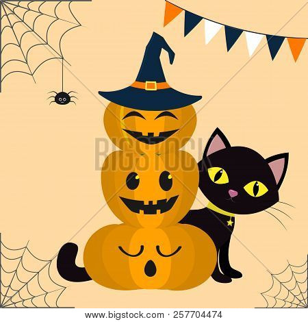 Happy Halloween. Three Pumpkins On Each Other, In The Hat Of A Witch. A Black Cat Sits Behind Pumpki