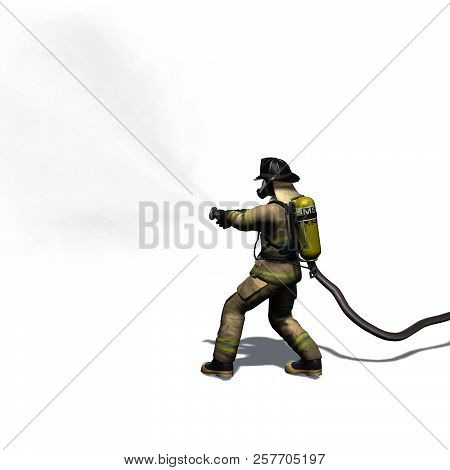 Firefighter With Water Hose - Isolated On White Background - 3d Illustration