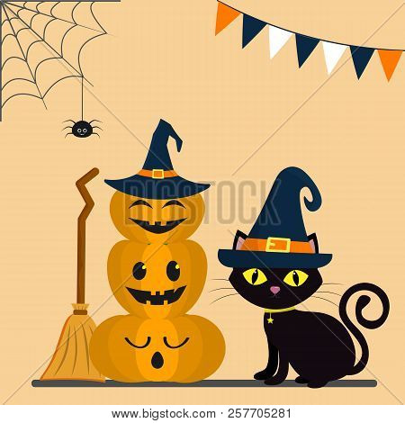 Happy Halloween. Three Pumpkins On Each Other, In The Hat Of A Witch. A Black Cat Sits Behind Pumpki